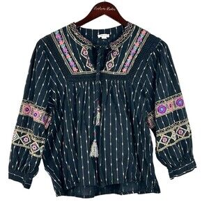 Ultra Pink Women L Top Black Gold Embroider Puff Sleeve Tassel Boho Festival N1